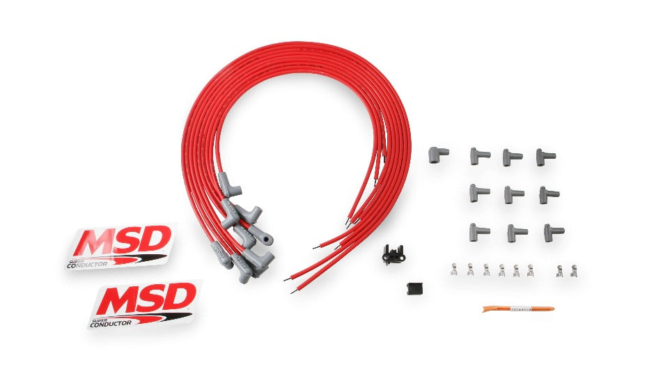 MSD Universal Ignition Lead Set, 90° Plug/90° Cap, Red 8.5mm Super Conductor 8 Cylinder