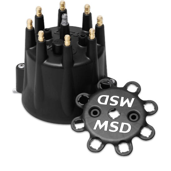 MSD Replacement V8 Distributor Cap with HEI Terminals and Spark Plug Wire Retainer - Black